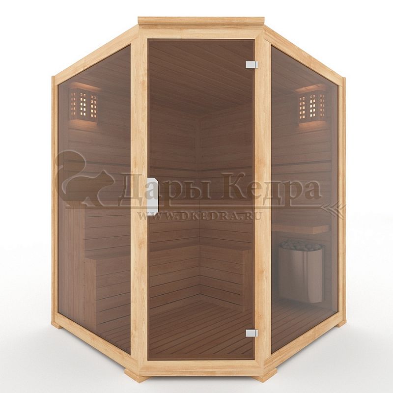 Четырехместная угловая финская сауна кабина из кедра с электрокаменкой